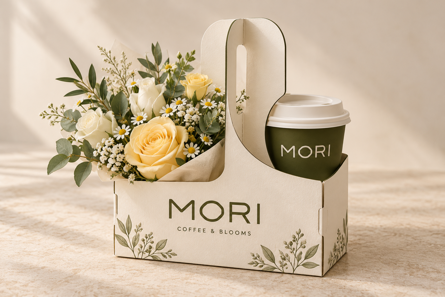 باكج MORI الكريمي مع كوب قهوة زيتوني وباقة ورد أبيض وأصفر